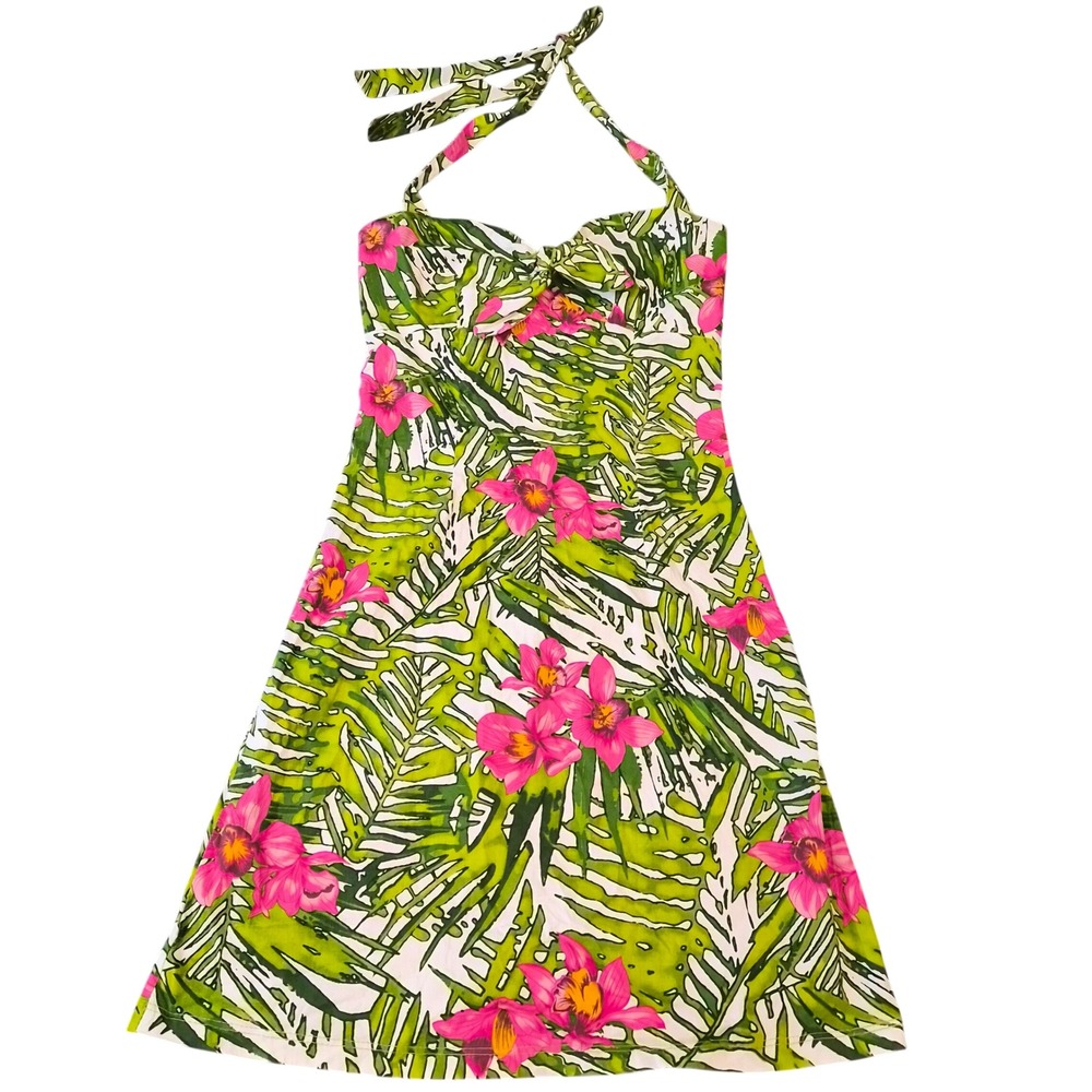 Lipsy Tropical Orchid Palm Print Halter Dress Pink Green Rockabilly S D0563BCA